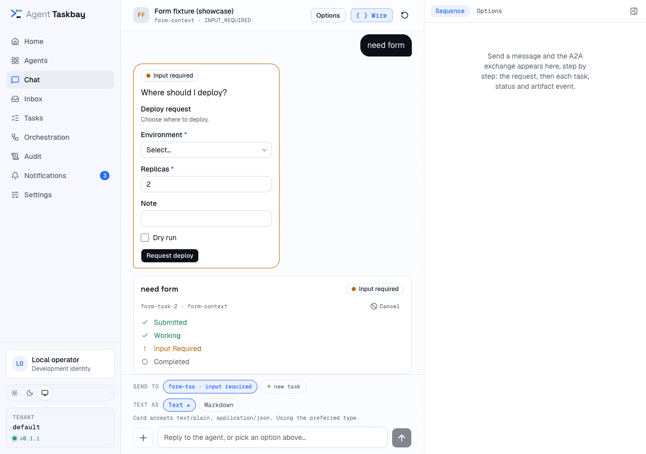 A chat waiting on the sample agent's deploy form