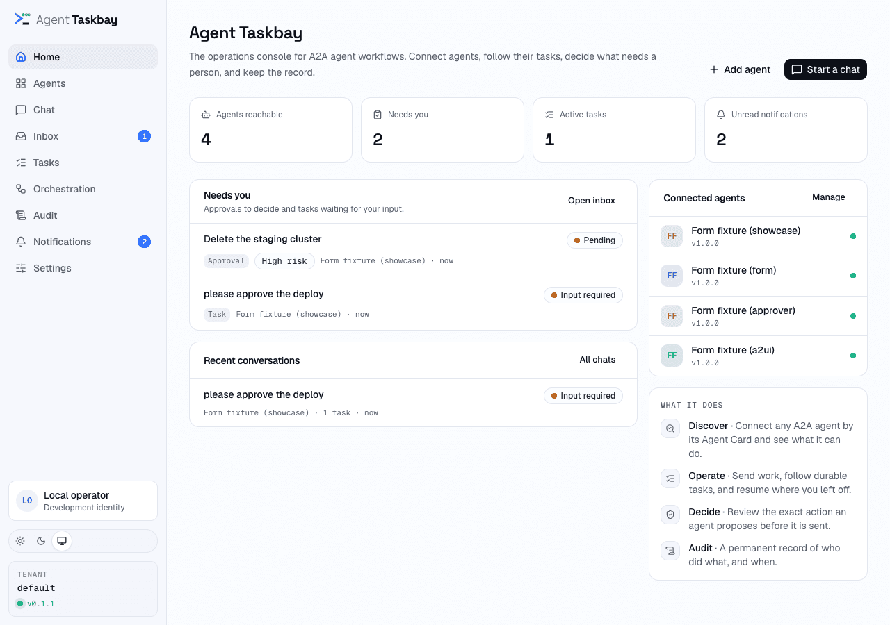 Home with a pending approval, recent conversations and the connected sample agents
