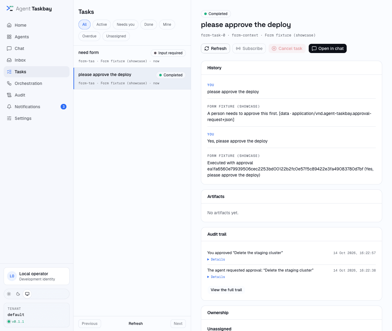 A completed task, with its timeline, history and the approval that released it