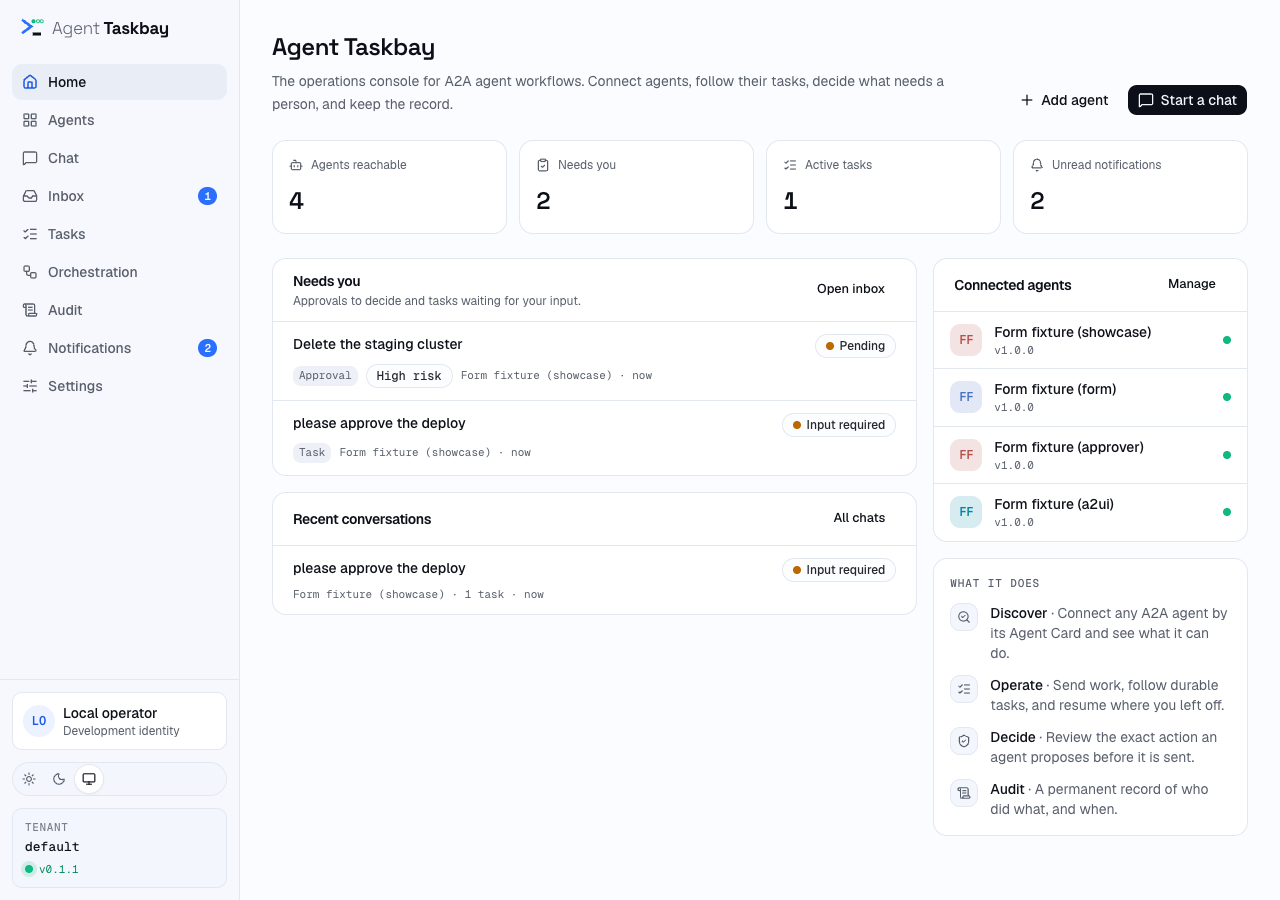 Agent Taskbay home console showing work that needs attention, recent conversations and connected agents